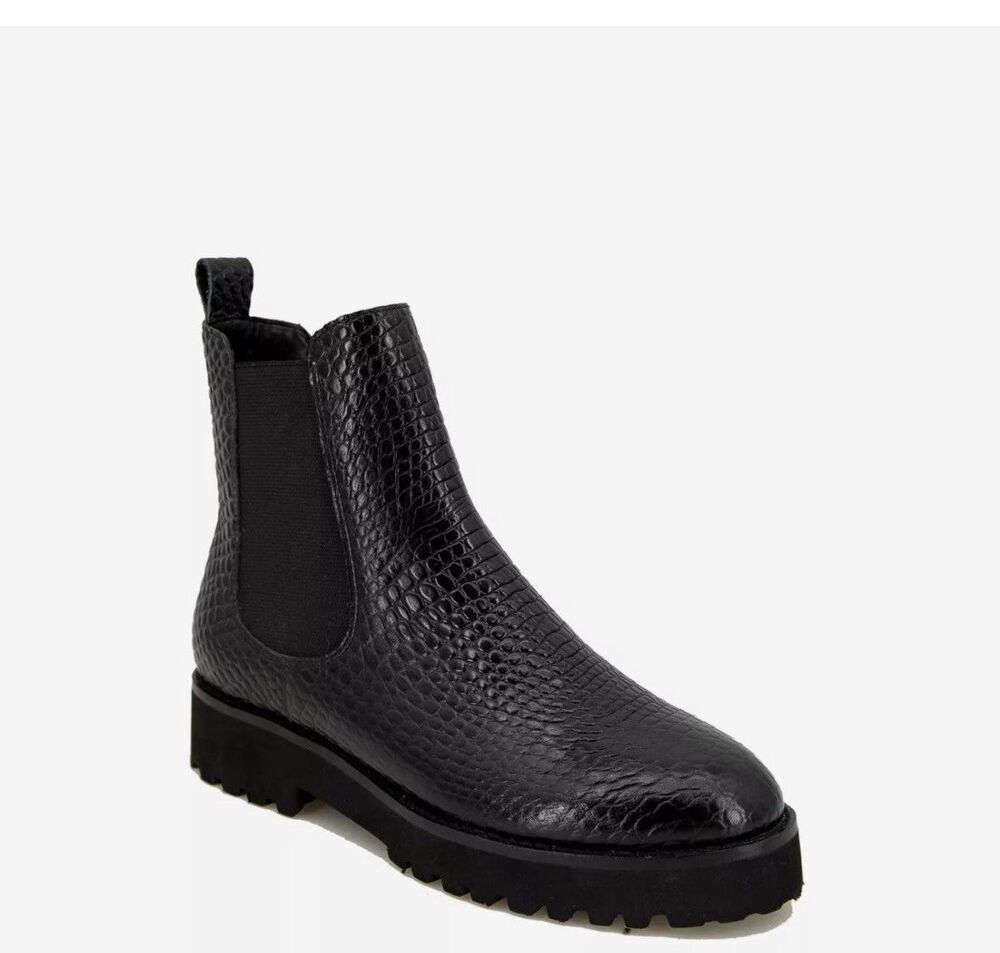 Andre Assous Peggy Embossed Black Croc Leather Ankle Boot Womens 8 Pull On